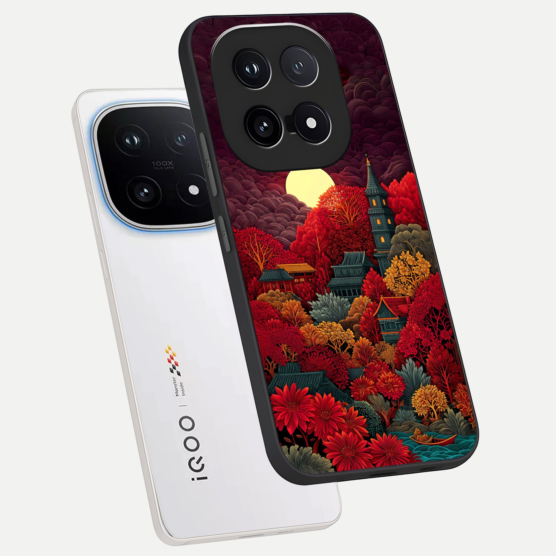  Scarlet Autumn Temple phone case for iQOO 15 showing premium glass back cover with detailed artwork