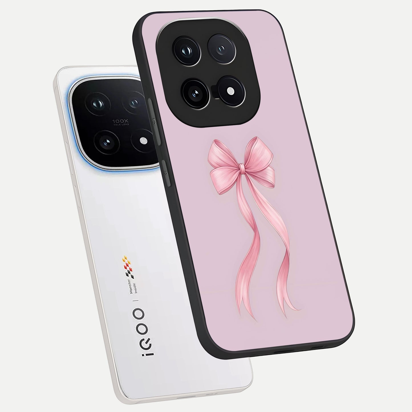  Soft Blush Bow phone case for iQOO 15 showing premium glass back cover with detailed artwork