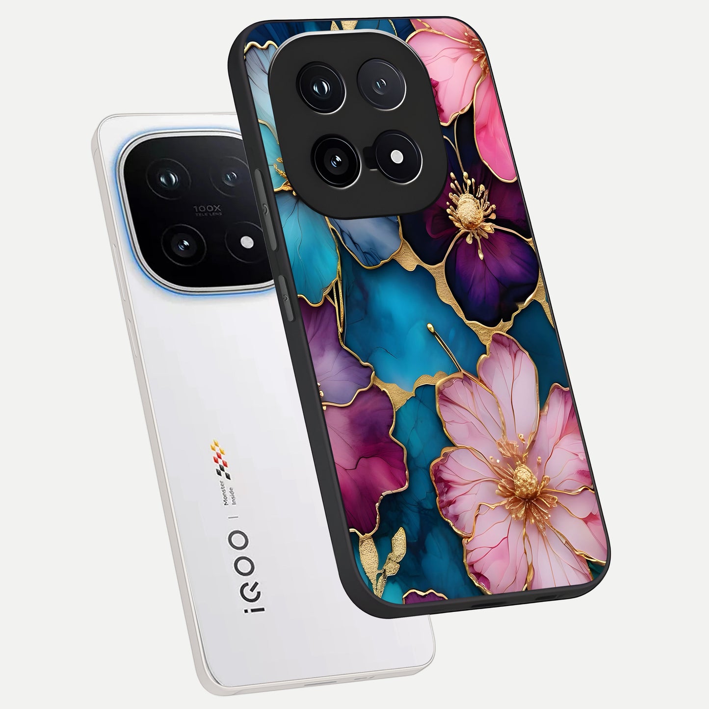  Sparkle Floral phone case for iQOO 15 showing premium glass back cover with detailed artwork