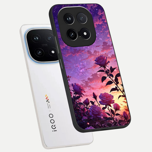  Starlit Rose Twilight phone case for iQOO 15 showing premium glass back cover with detailed artwork