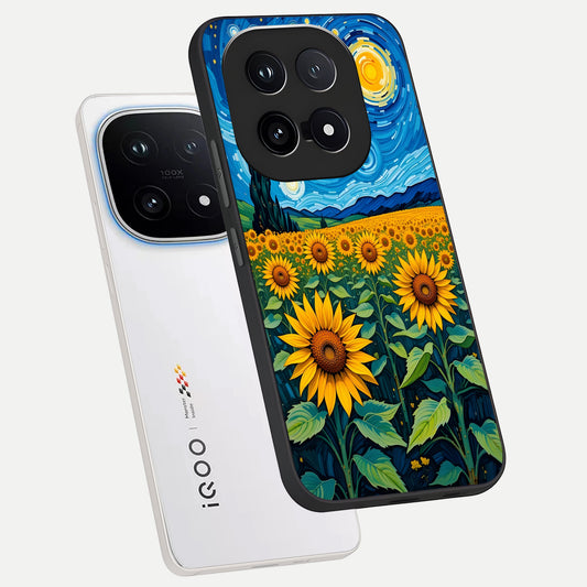  Starry Sunflower Dreams phone case for iQOO 15 showing premium glass back cover with detailed artwork