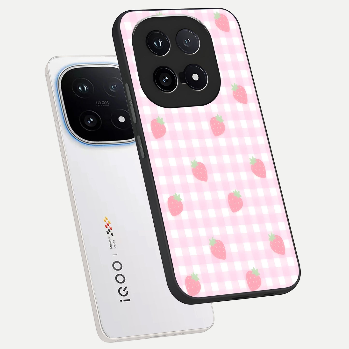  Strawberry Picnic Love phone case for iQOO 15 showing premium glass back cover with detailed artwork