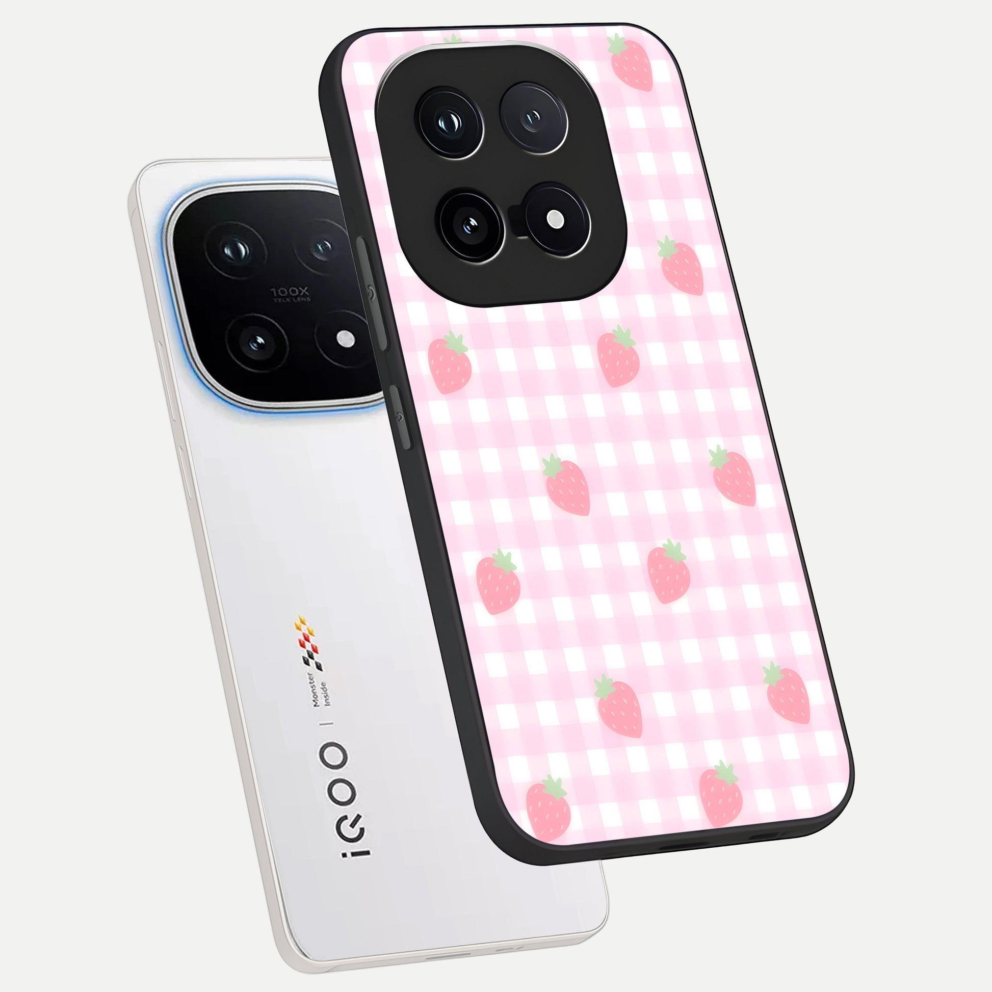 Strawberry Picnic Love phone case for iQOO 15 showing premium glass back cover with detailed artwork