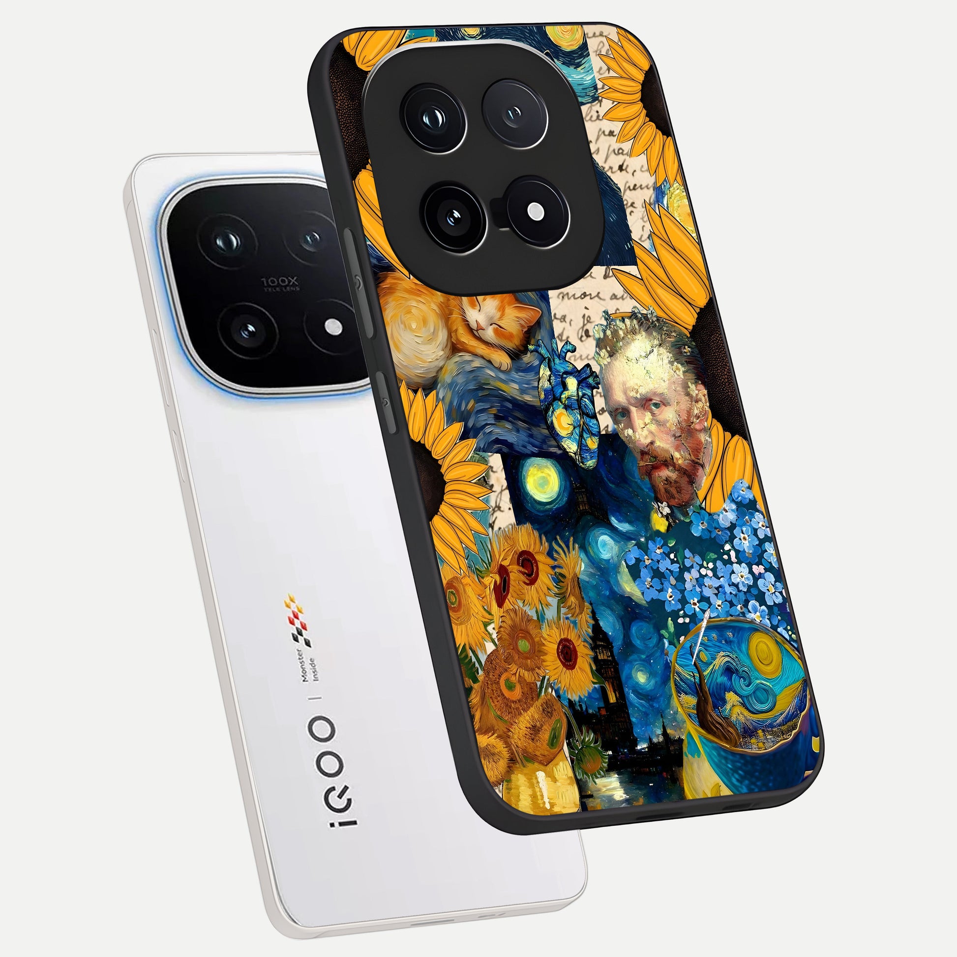  Sunflower Chic Mood Custom Name phone case for iQOO 15 showing premium glass back cover with detailed artwork