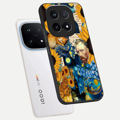  Sunflower Chic Mood Custom Name phone case for iQOO 15 showing premium glass back cover with detailed artwork