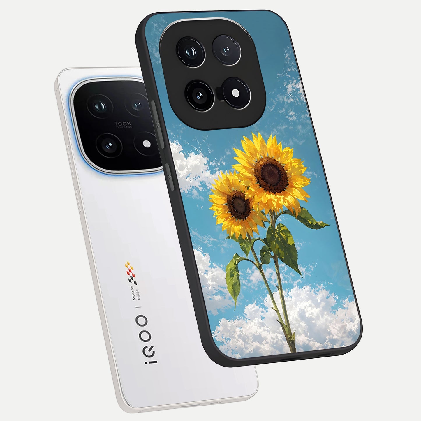  Sunlit Daisy Glow phone case for iQOO 15 showing premium glass back cover with detailed artwork