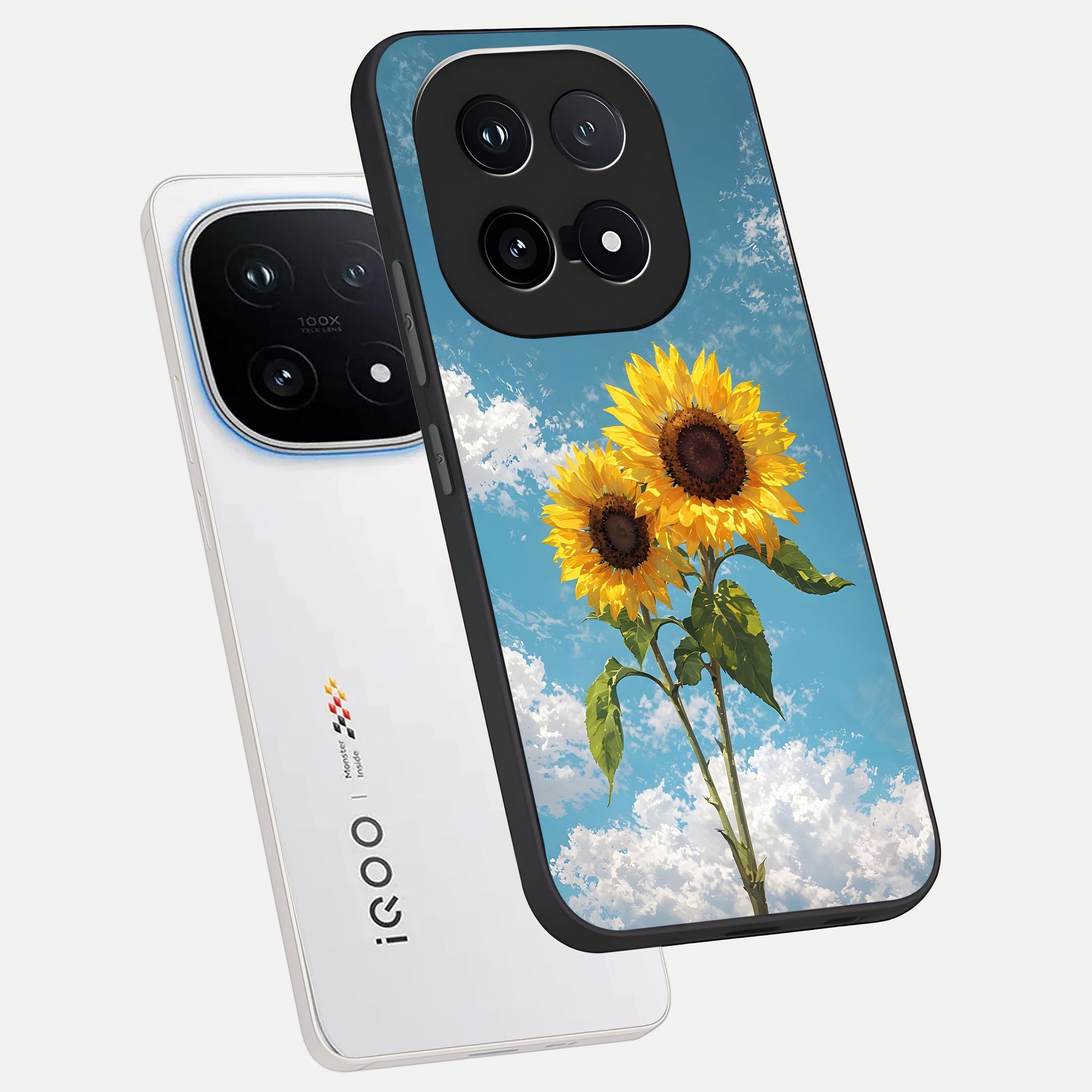  Sunlit Daisy Glow phone case for iQOO 15 showing premium glass back cover with detailed artwork