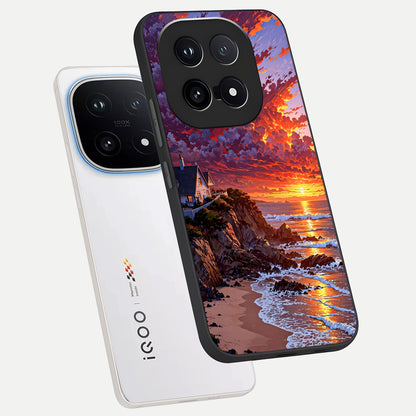  Sunset House By Sea phone case for iQOO 15 showing premium glass back cover with detailed artwork