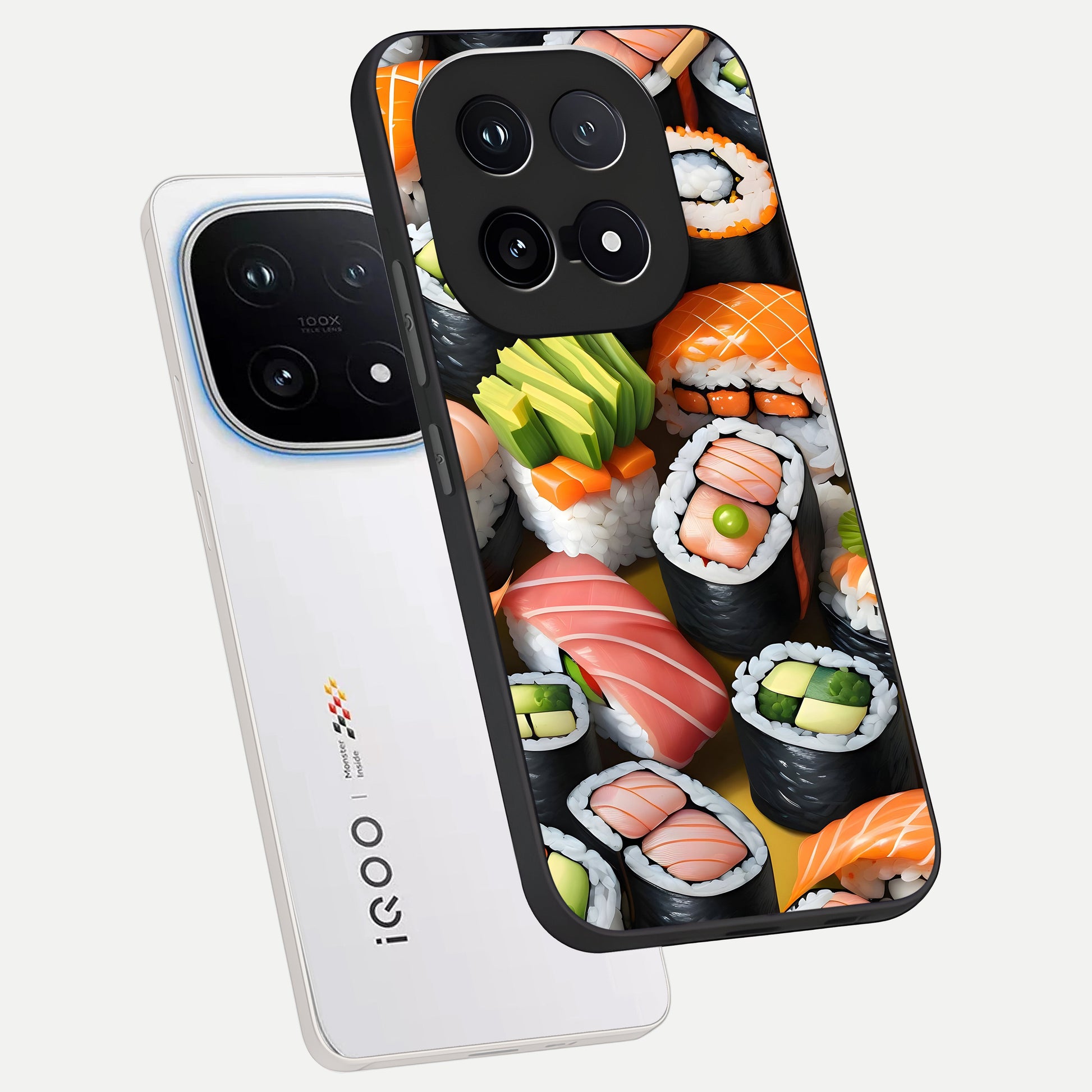  Sushi Food Pattern phone case for iQOO 15 showing premium glass back cover with detailed artwork