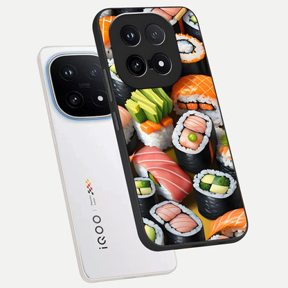  Sushi Food Pattern phone case for iQOO 15 showing premium glass back cover with detailed artwork