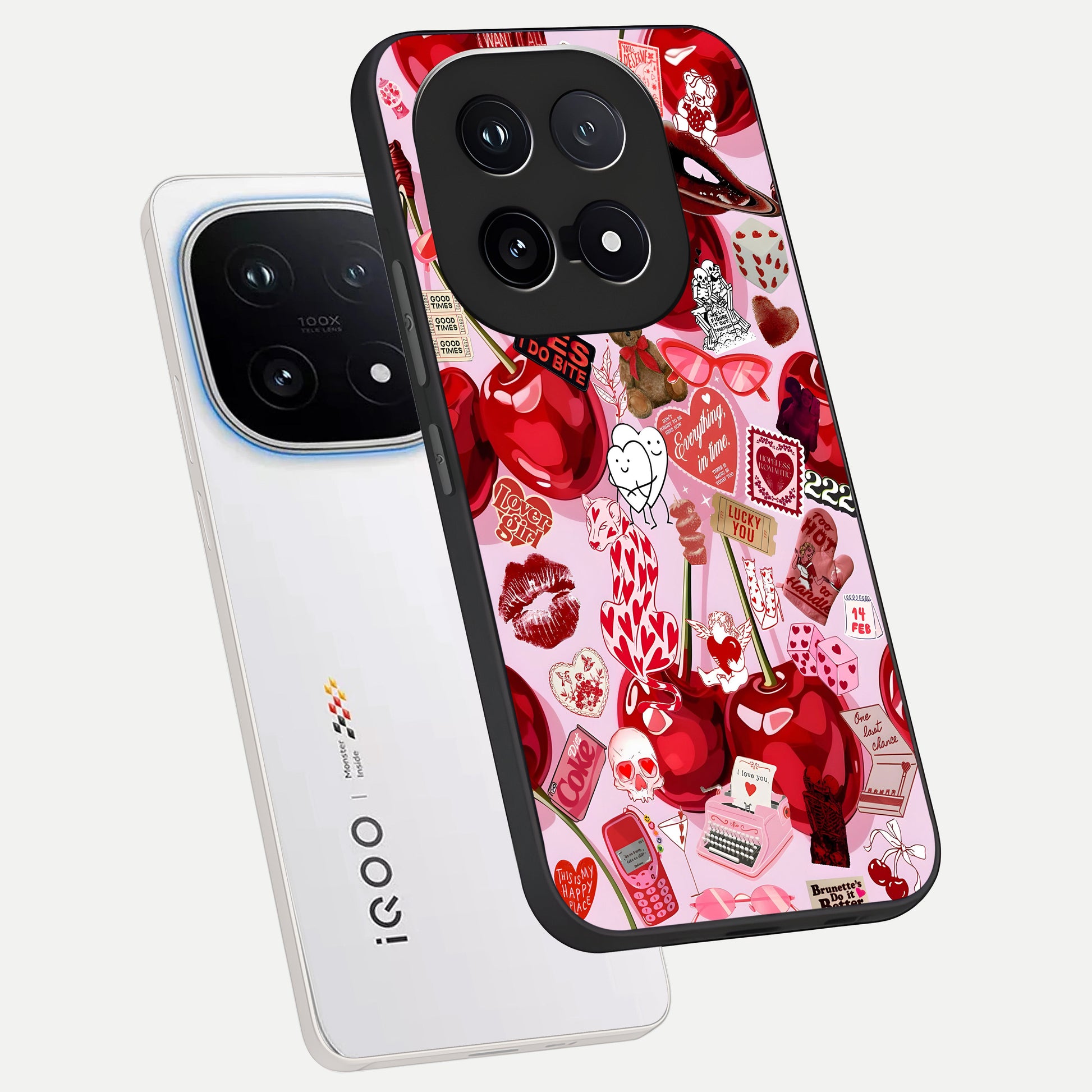  Sweet Cherry Chaos phone case for iQOO 15 showing premium glass back cover with detailed artwork