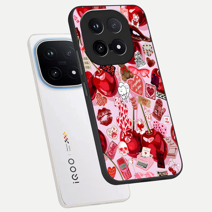  Sweet Cherry Chaos phone case for iQOO 15 showing premium glass back cover with detailed artwork