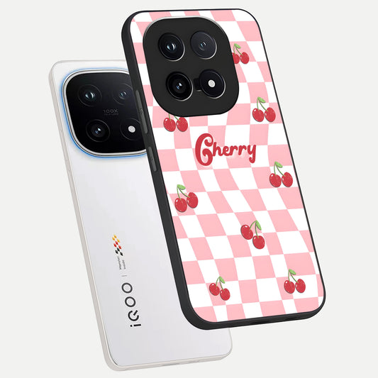  Sweet Cherry Vibes phone case for iQOO 15 showing premium glass back cover with detailed artwork