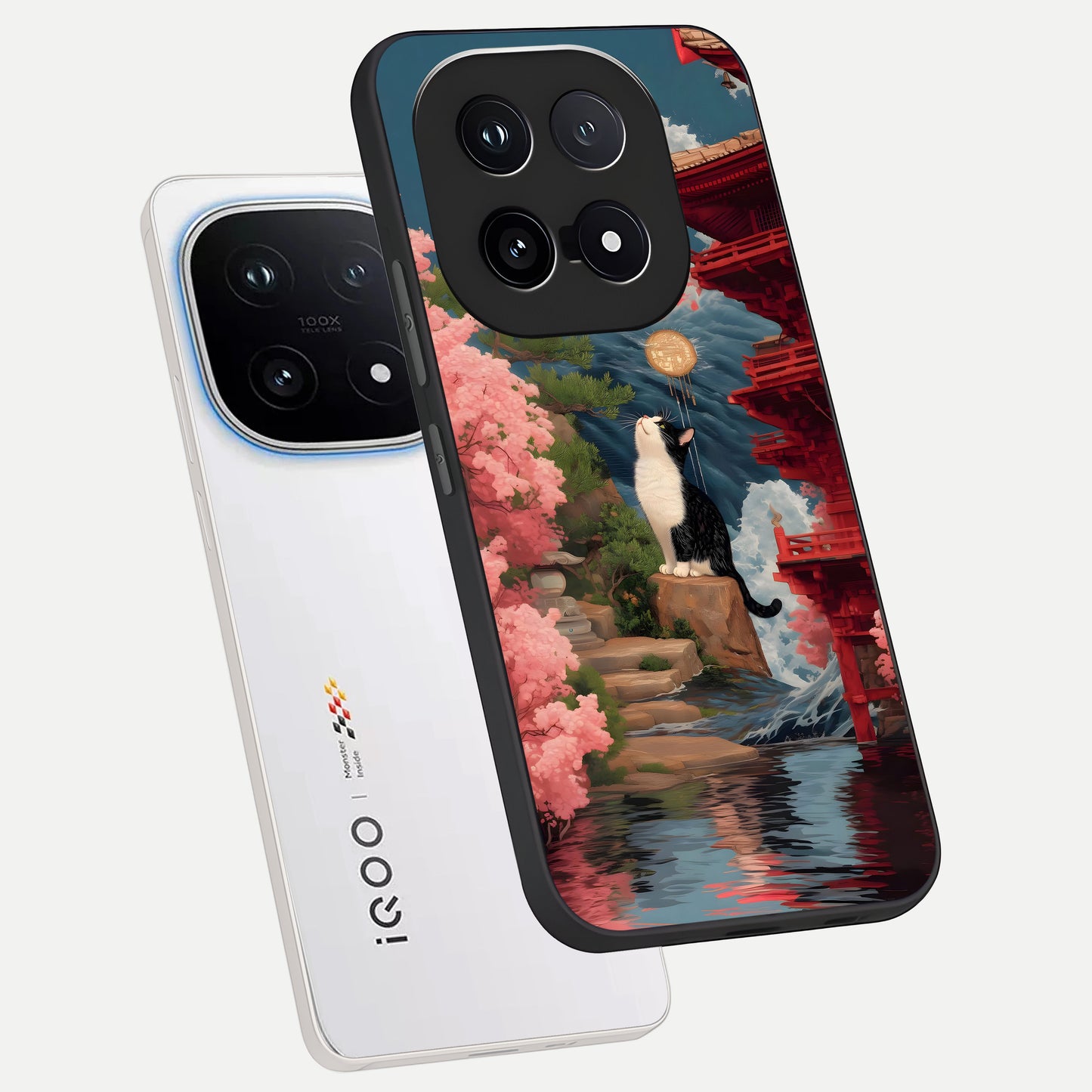  Temple Cat Scenery phone case for iQOO 15 showing premium glass back cover with detailed artwork
