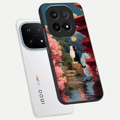  Temple Cat Scenery phone case for iQOO 15 showing premium glass back cover with detailed artwork
