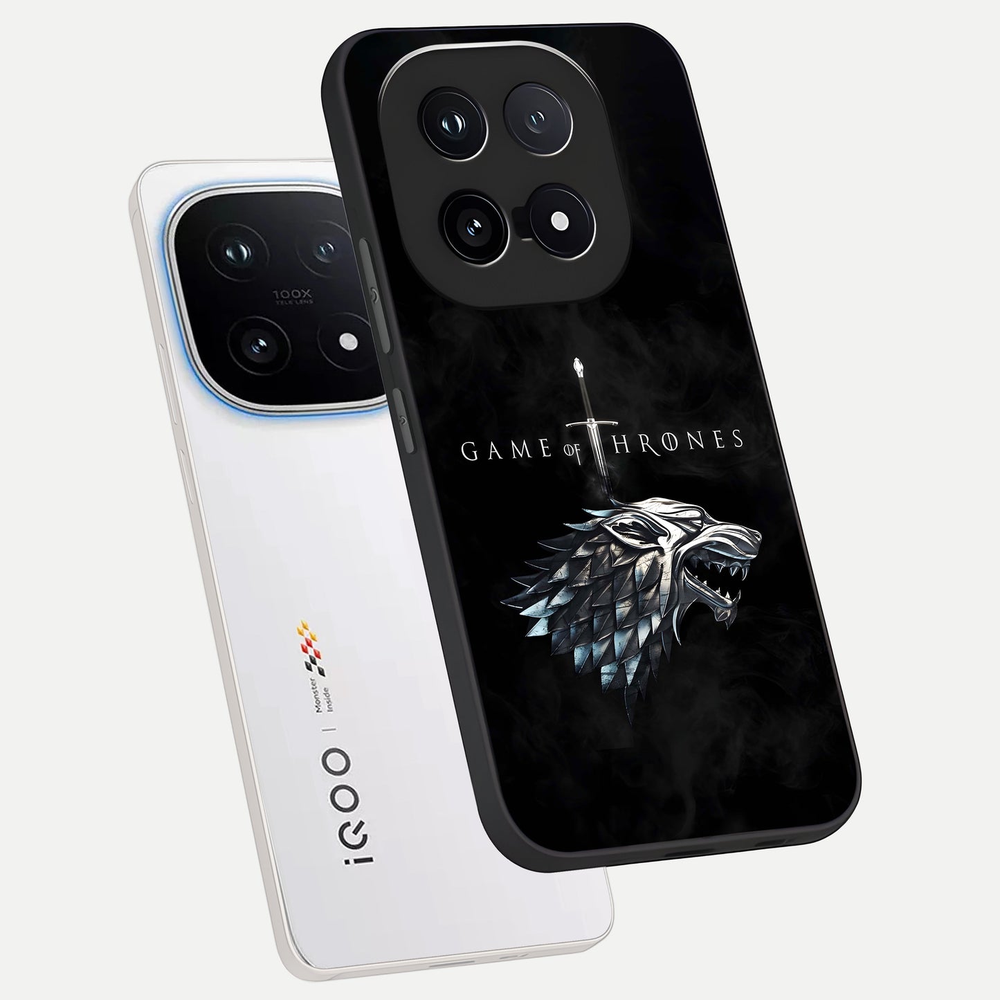 Throne Wolf Legacy phone case for iQOO 15 showing premium glass back cover with detailed artwork