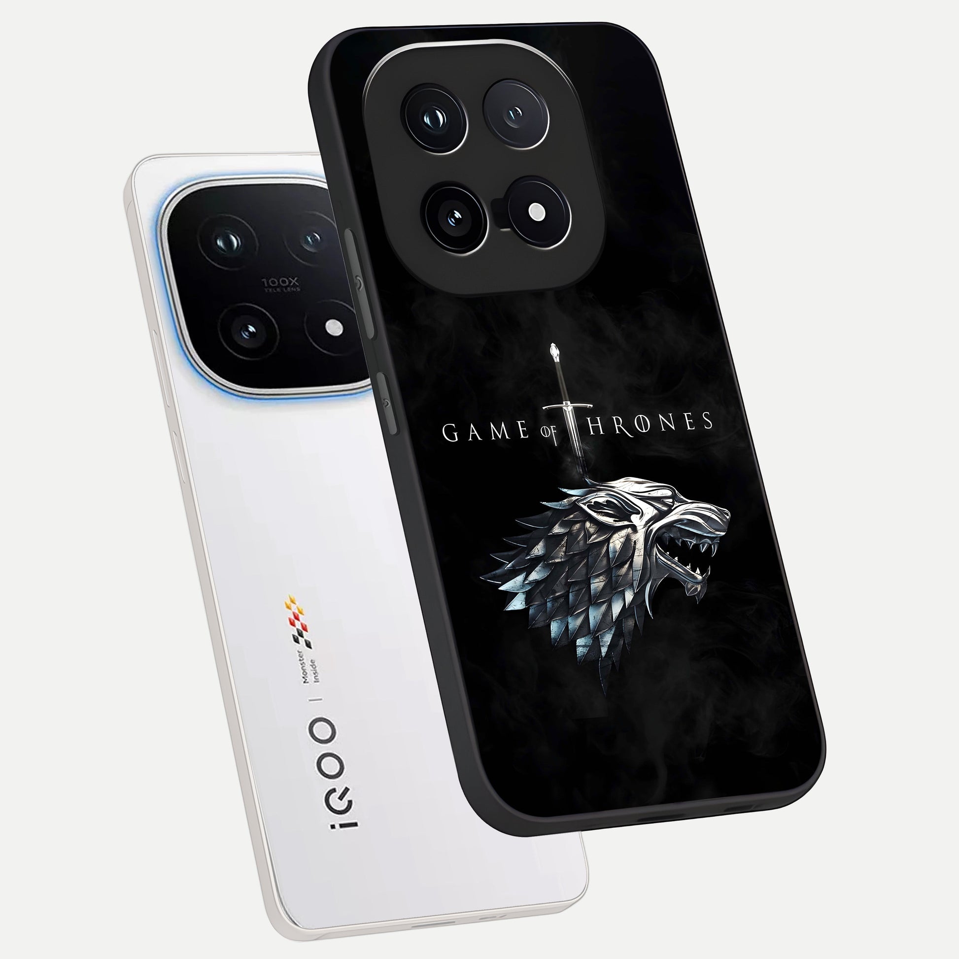  Throne Wolf Legacy phone case for iQOO 15 showing premium glass back cover with detailed artwork