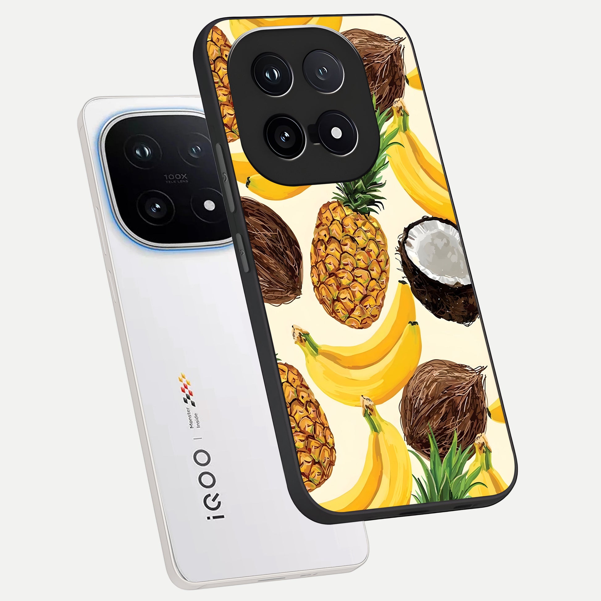  Tropical Fruit Mood phone case for iQOO 15 showing premium glass back cover with detailed artwork