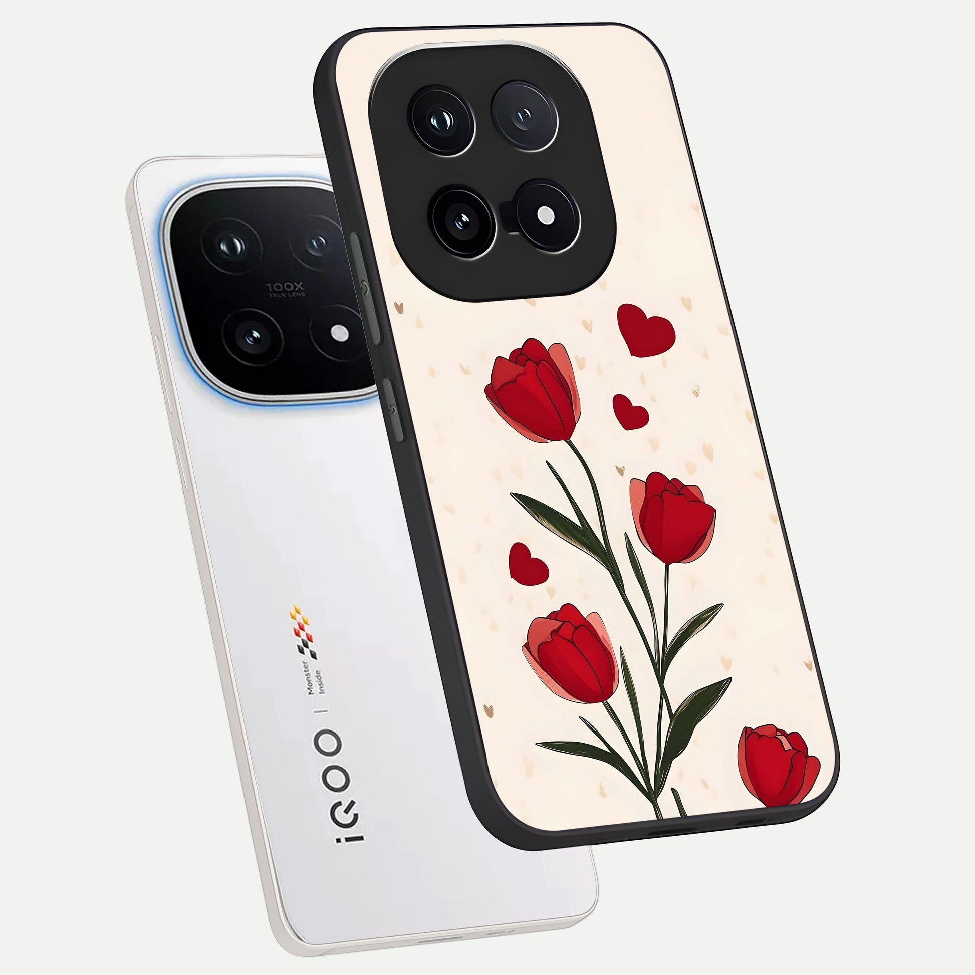  Tulip With Heart phone case for iQOO 15 showing premium glass back cover with detailed artwork