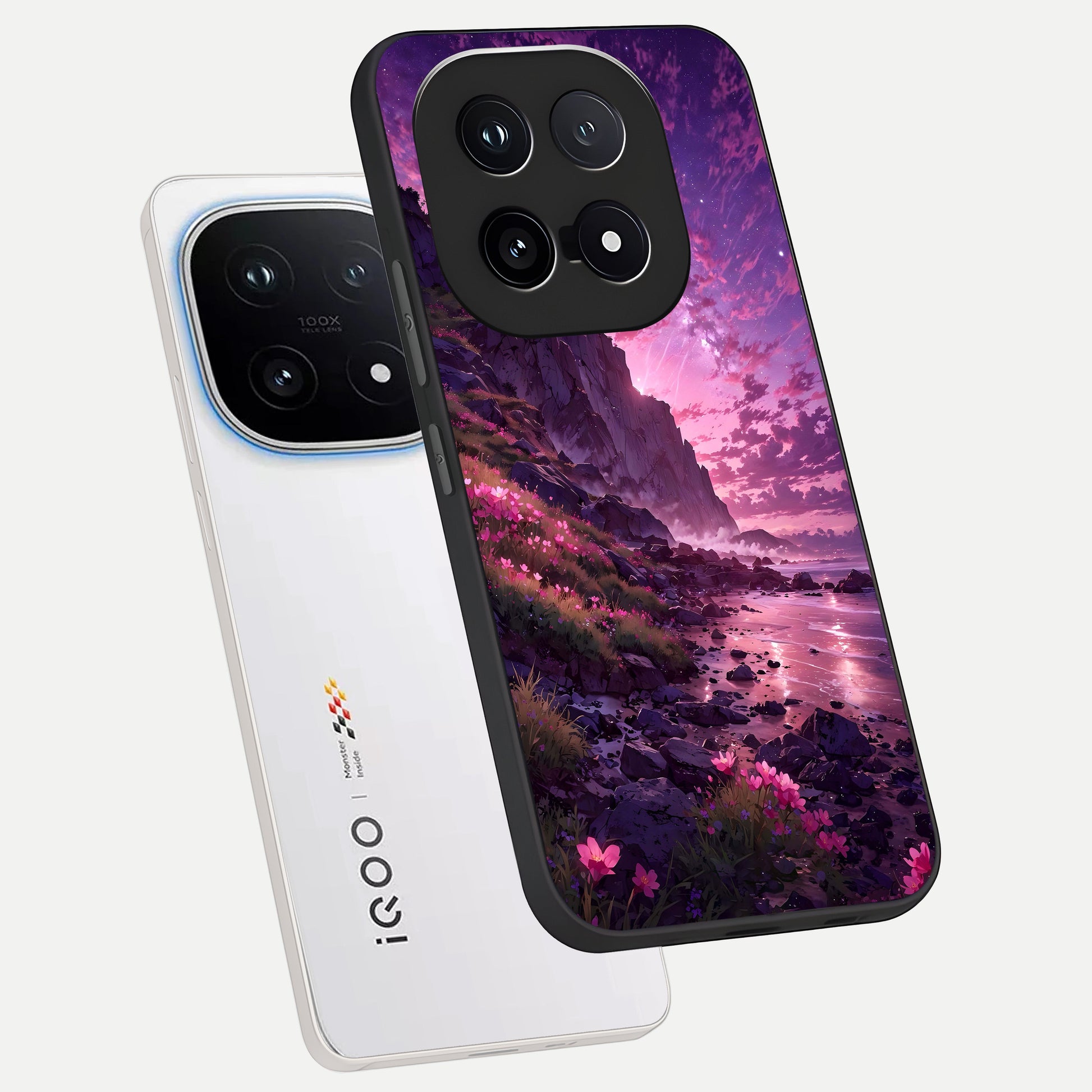  Twilight Blossom Coast phone case for iQOO 15 showing premium glass back cover with detailed artwork