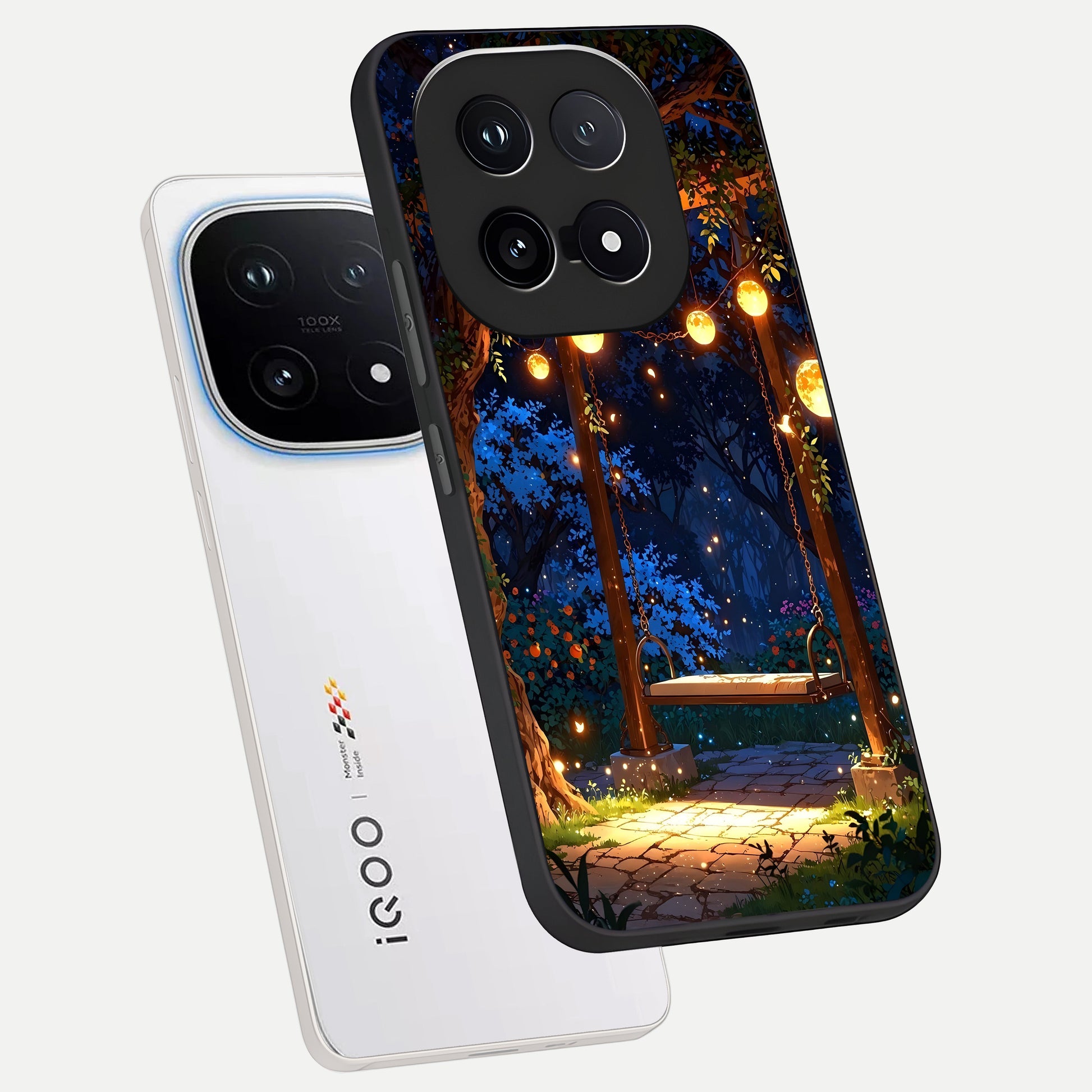  Twilight Garden Swing phone case for iQOO 15 showing premium glass back cover with detailed artwork