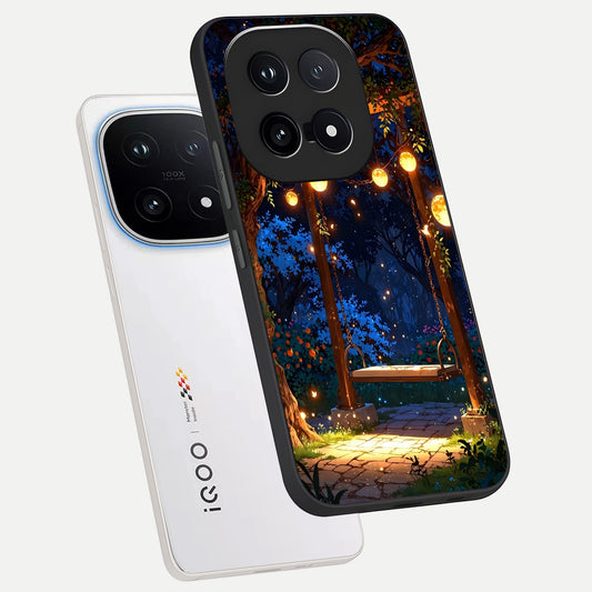  Twilight Garden Swing phone case for iQOO 15 showing premium glass back cover with detailed artwork