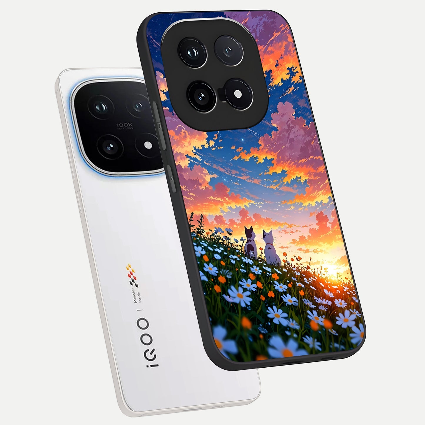  Two Cats Friends phone case for iQOO 15 showing premium glass back cover with detailed artwork