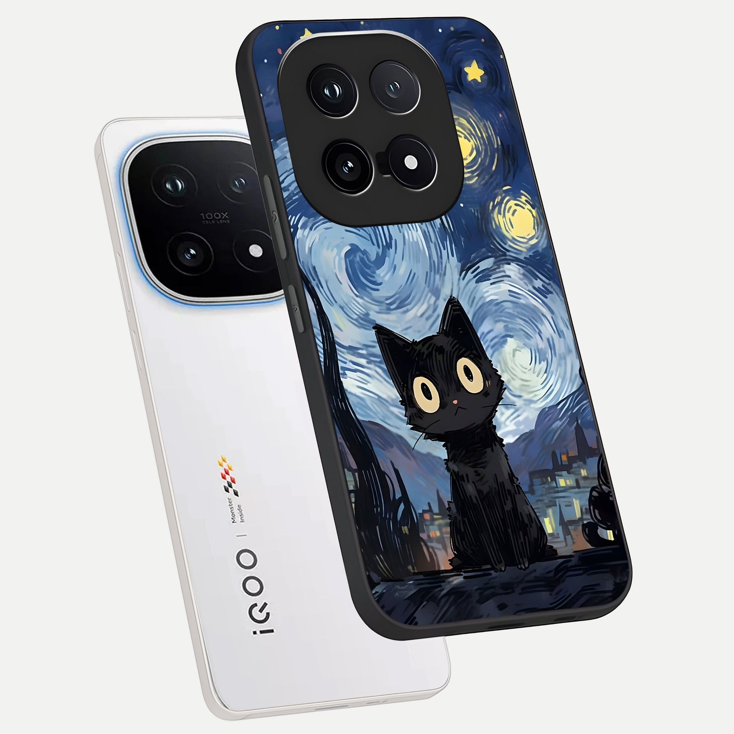  Van Gogh Cat phone case for iQOO 15 showing premium glass back cover with detailed artwork