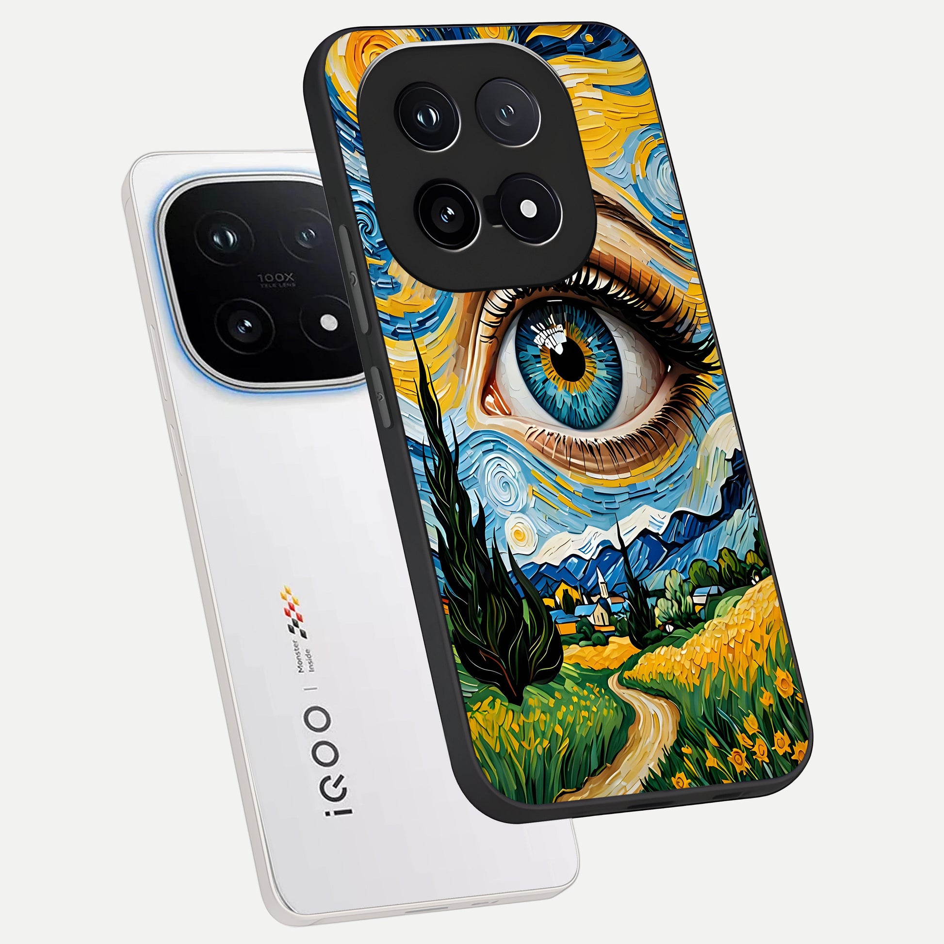  Van Gogh Eye phone case for iQOO 15 showing premium glass back cover with detailed artwork