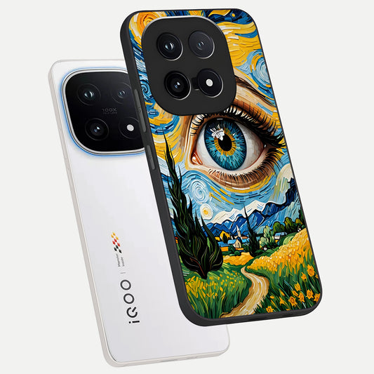  Van Gogh Eye phone case for iQOO 15 showing premium glass back cover with detailed artwork
