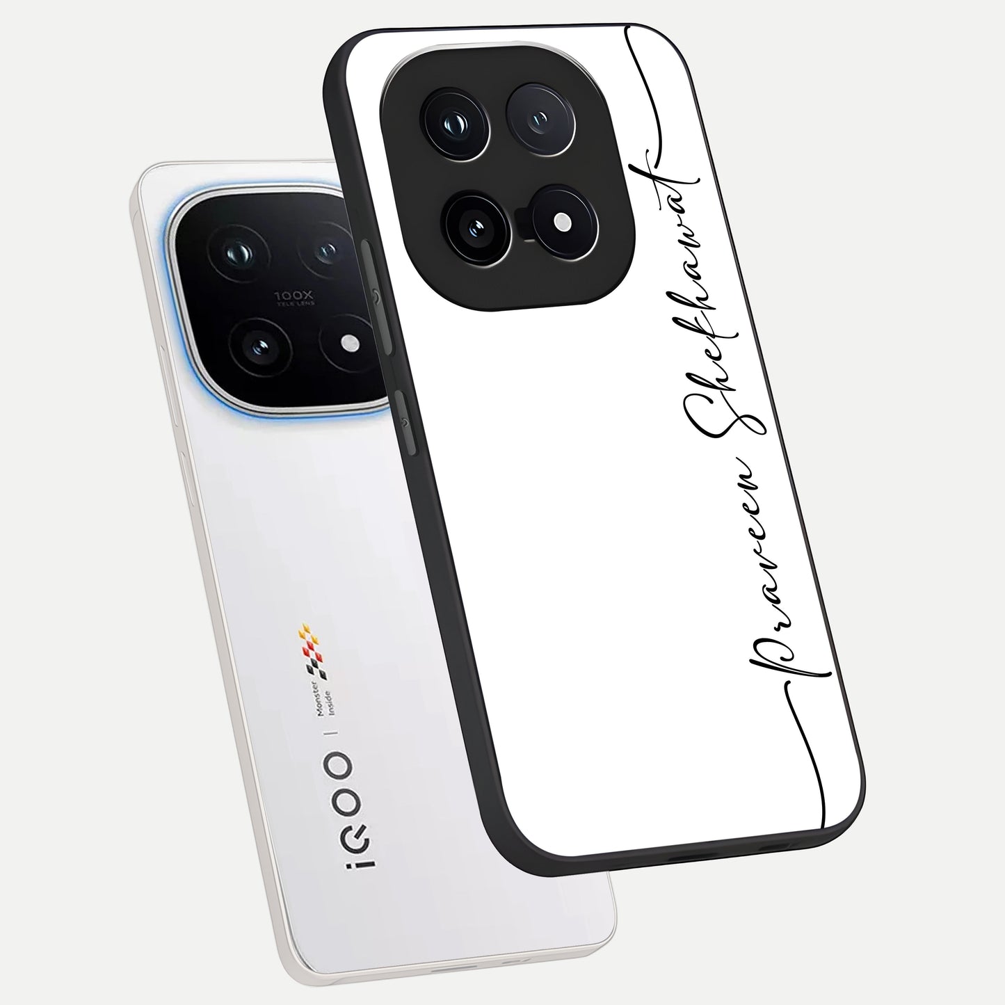  White Tune Custom Name phone case for iQOO 15 showing premium custom name glass back cover