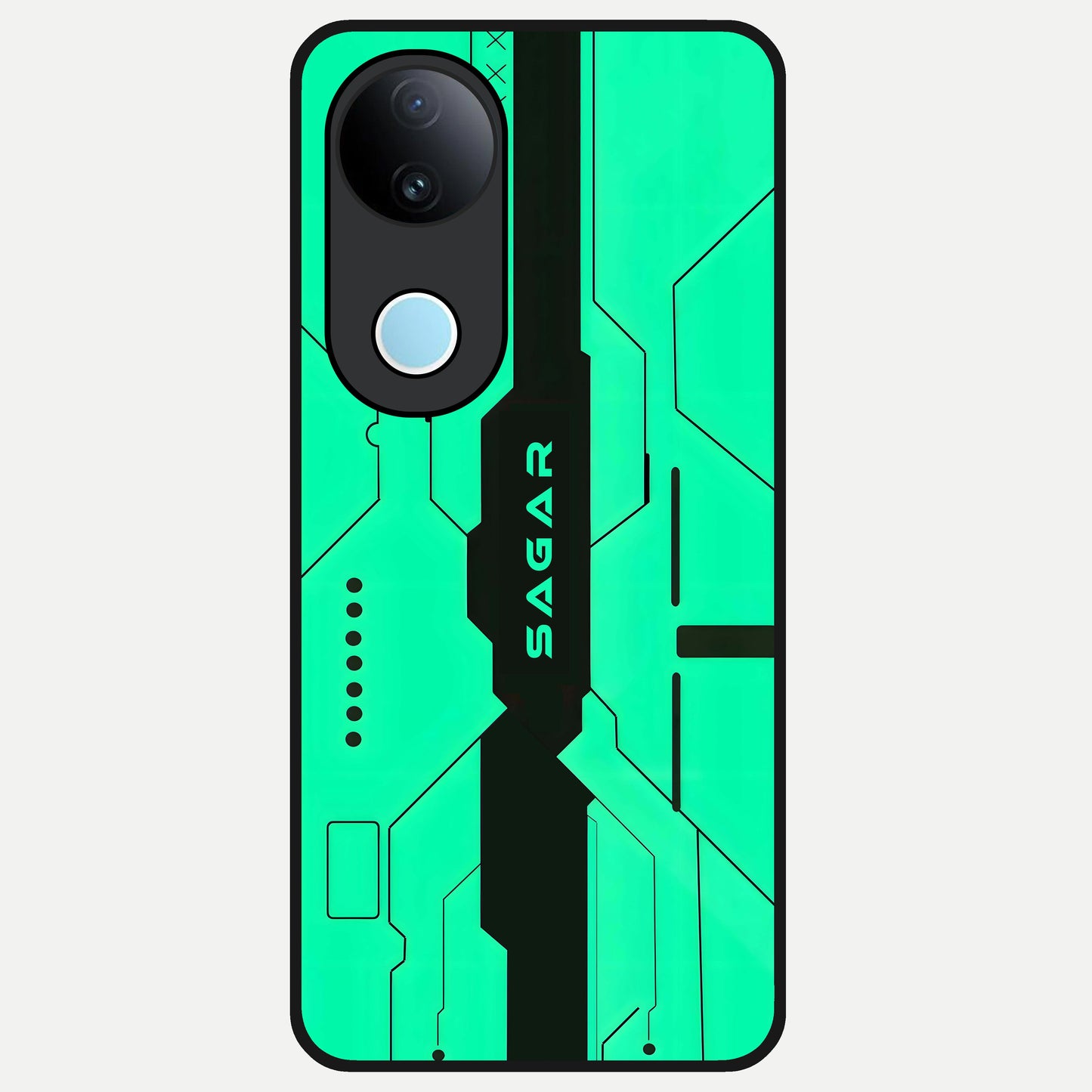  Aqua Tech CYBERPUNK Custom Name Glass Case for iQOO Z10R back cover – full design glossy printed glass finish