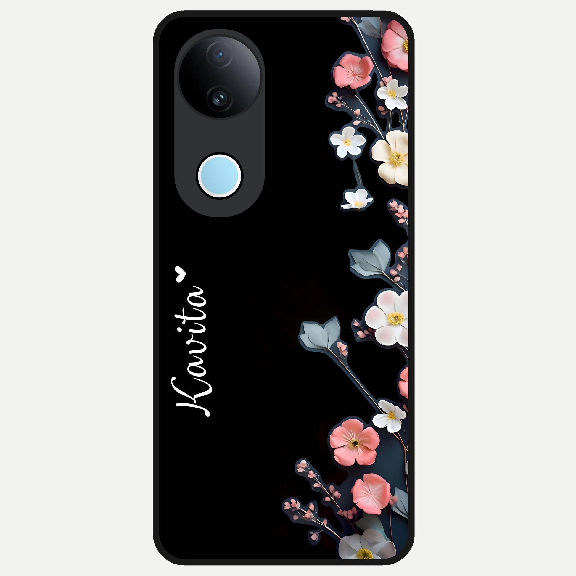  Black Elegance Floral Custom Name Glass Case for  iQOO Z10R back cover – full design glossy printed glass finish