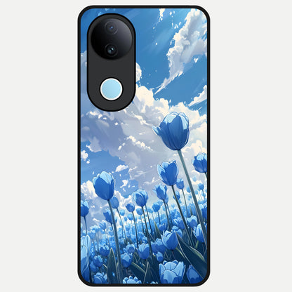  Blue Tulip Clouds Glass Case for iQOO Z10R back cover – full design glossy printed glass finish