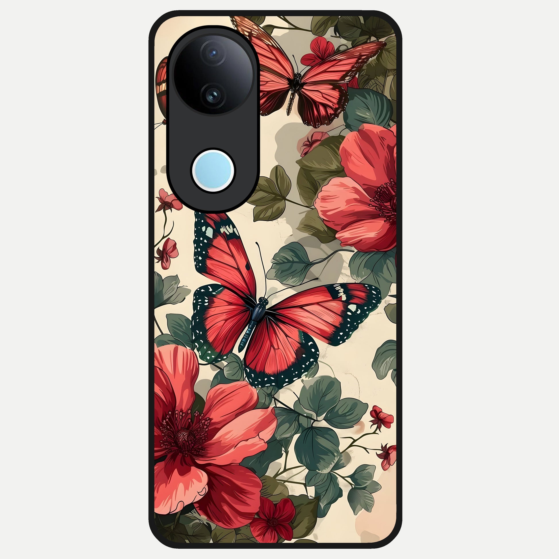  Crimson Butterfly Garden Glass Case for iQOO Z10R back cover – full design glossy printed glass finish