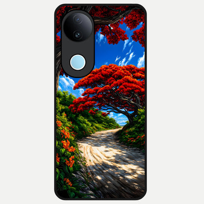  Red Trees Pathway Glass Case for  iQOO Z10R back cover – full design glossy printed glass finish