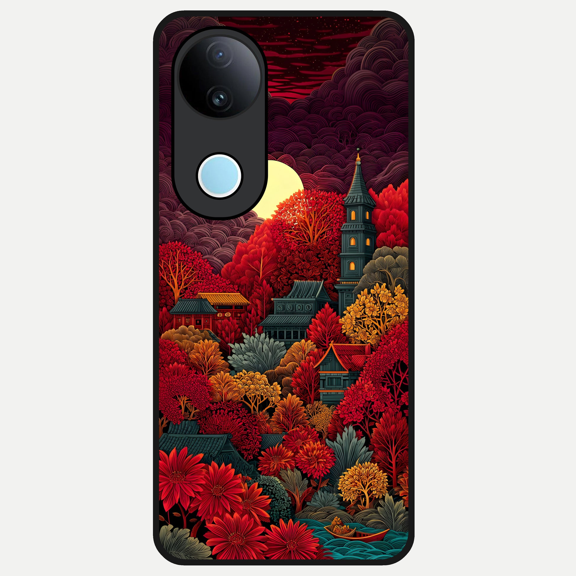  Scarlet Autumn Temple Glass Case for iQOO Z10R back cover – full design glossy printed glass finish