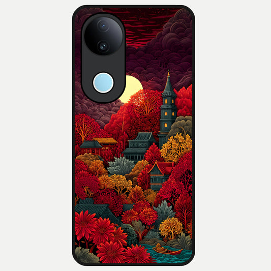  Scarlet Autumn Temple Glass Case for  iQOO Z10R back cover – full design glossy printed glass finish