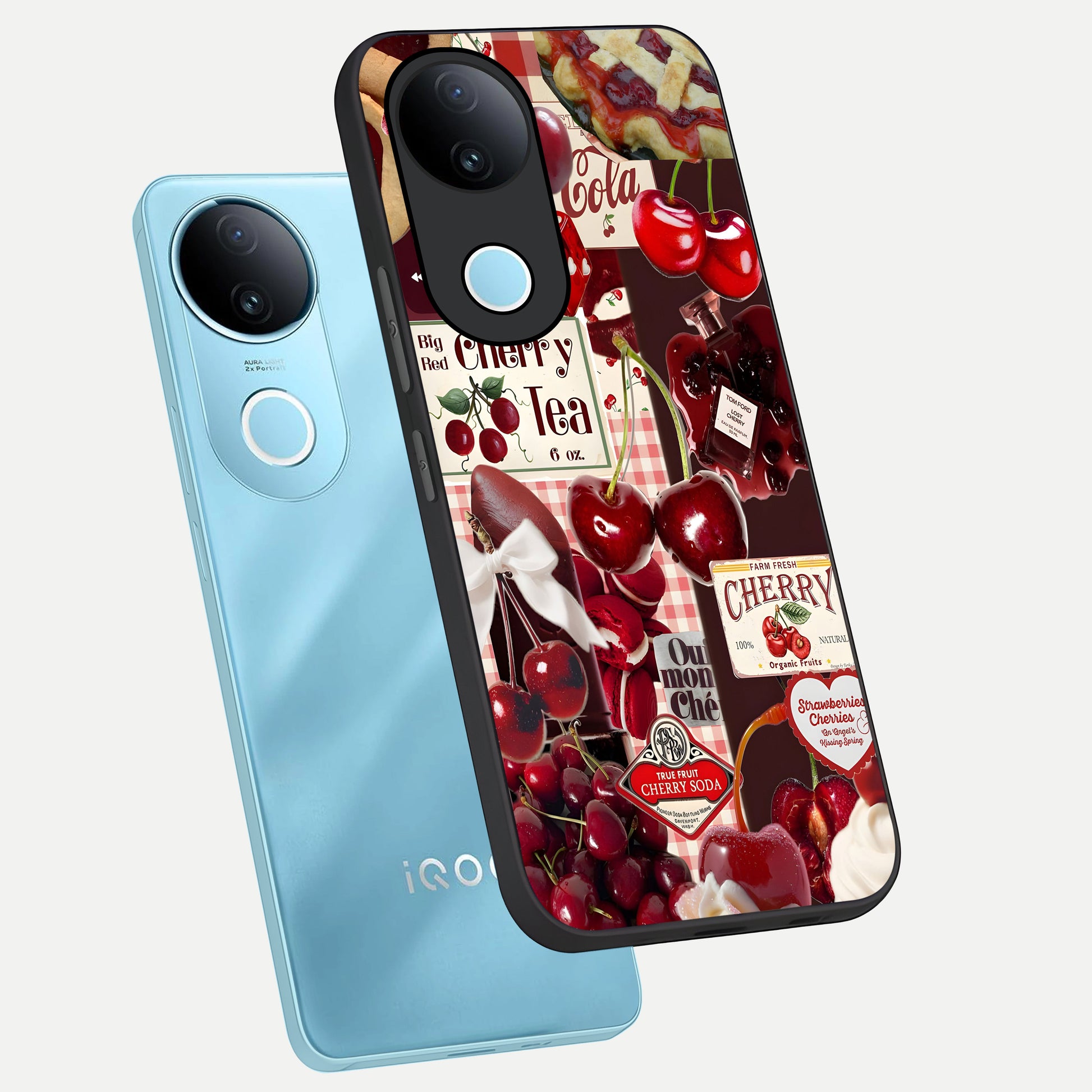  Aesthetic Cherry Tea phone case for  iQOO Z10R showing premium glass back cover with detailed artwork