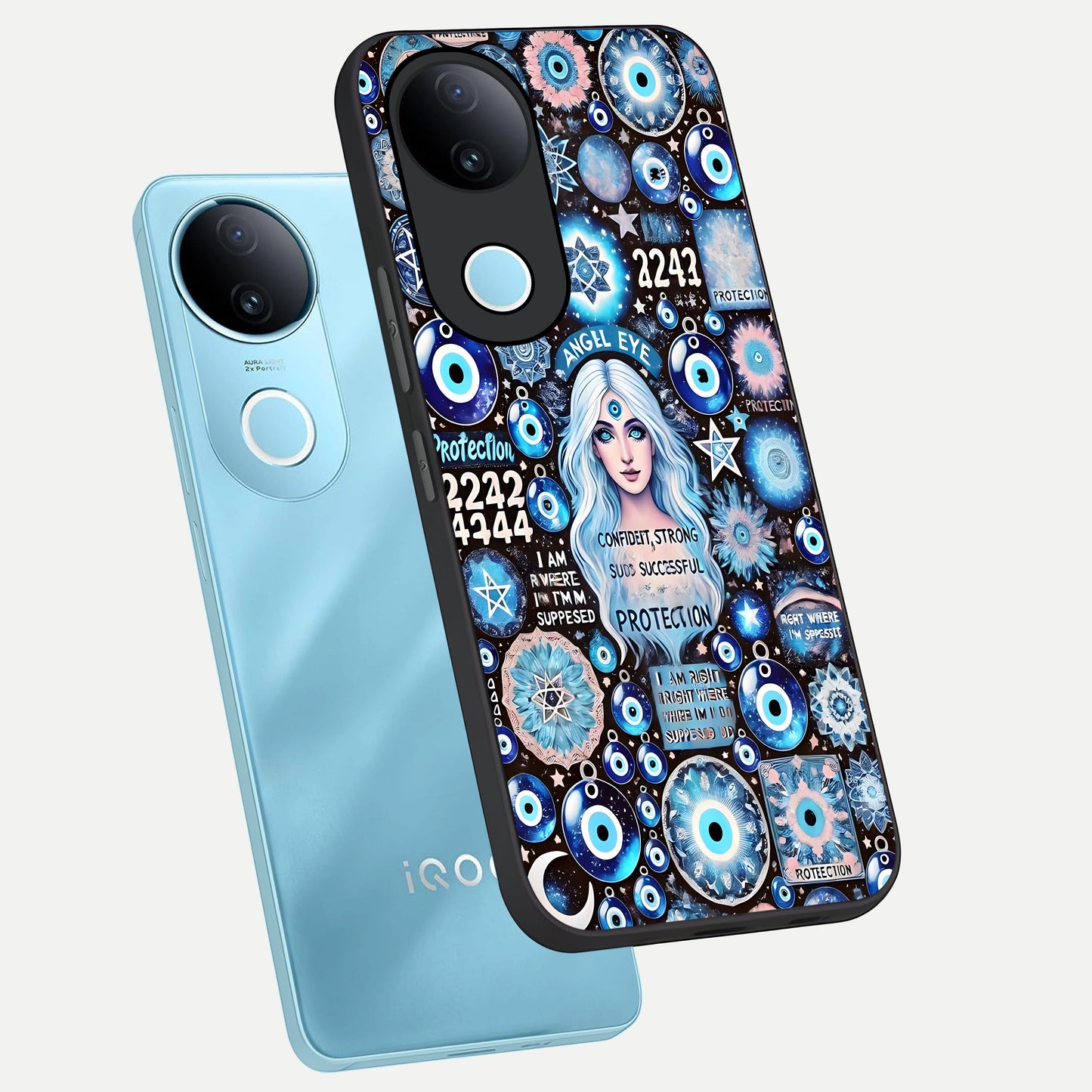  Angel Aura Shield phone case for iQOO Z10R showing premium glass back cover with detailed artwork