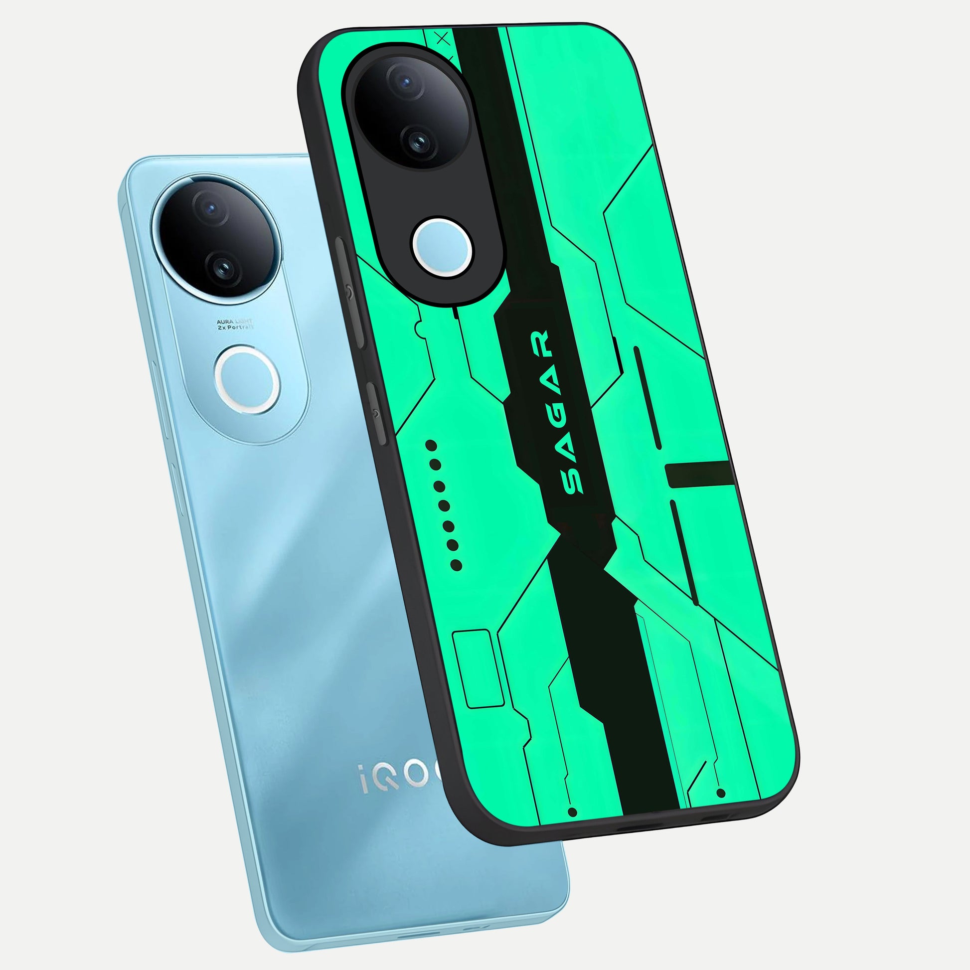  Aqua Tech CYBERPUNK Custom Name phone case for  iQOO Z10R showing premium glass back cover with detailed artwork