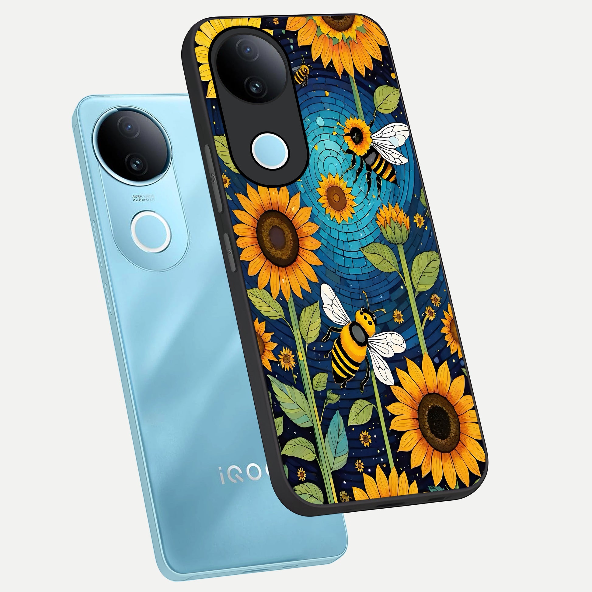  Bees And Sunflowers phone case for  iQOO Z10R showing premium glass back cover with detailed artwork