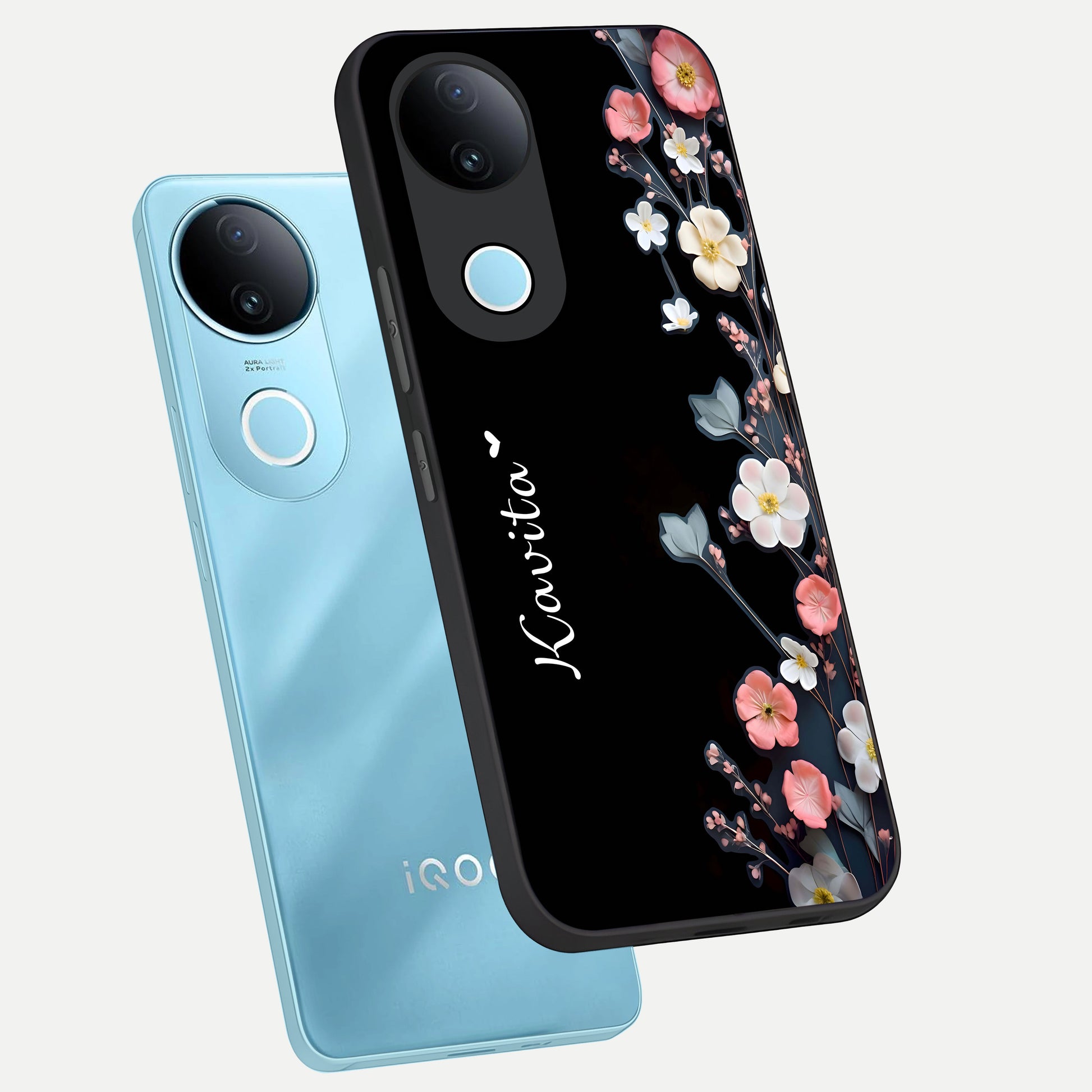  Black Elegance Floral Custom Name phone case for  iQOO Z10R showing premium glass back cover with detailed artwork
