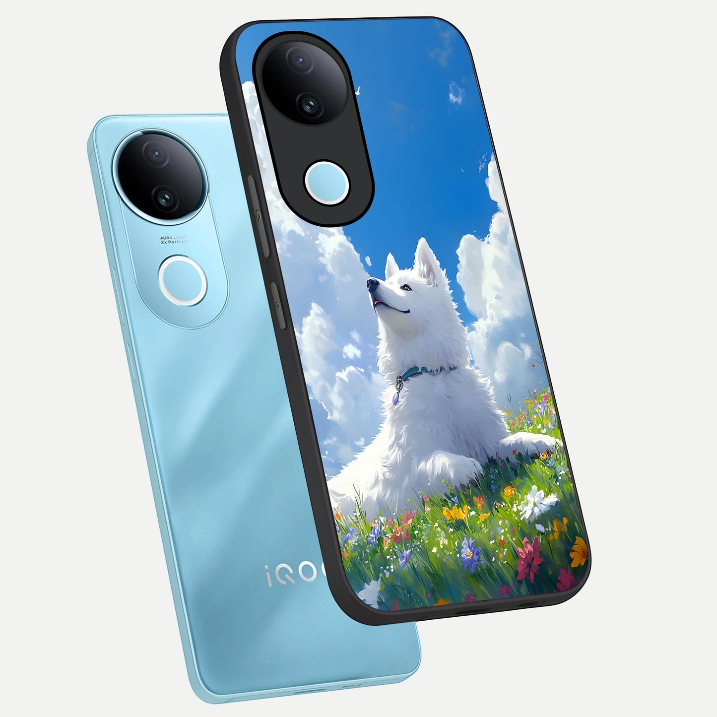  Blissful Cloud Pup phone case for iQOO Z10R showing premium glass back cover with detailed artwork