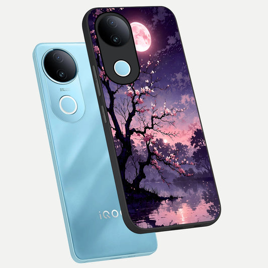  Blossom Pink Moon phone case for iQOO Z10R showing premium glass back cover with detailed artwork