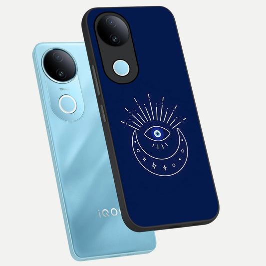  Blue Evil Eye phone case for iQOO Z10R showing premium glass back cover with detailed artwork