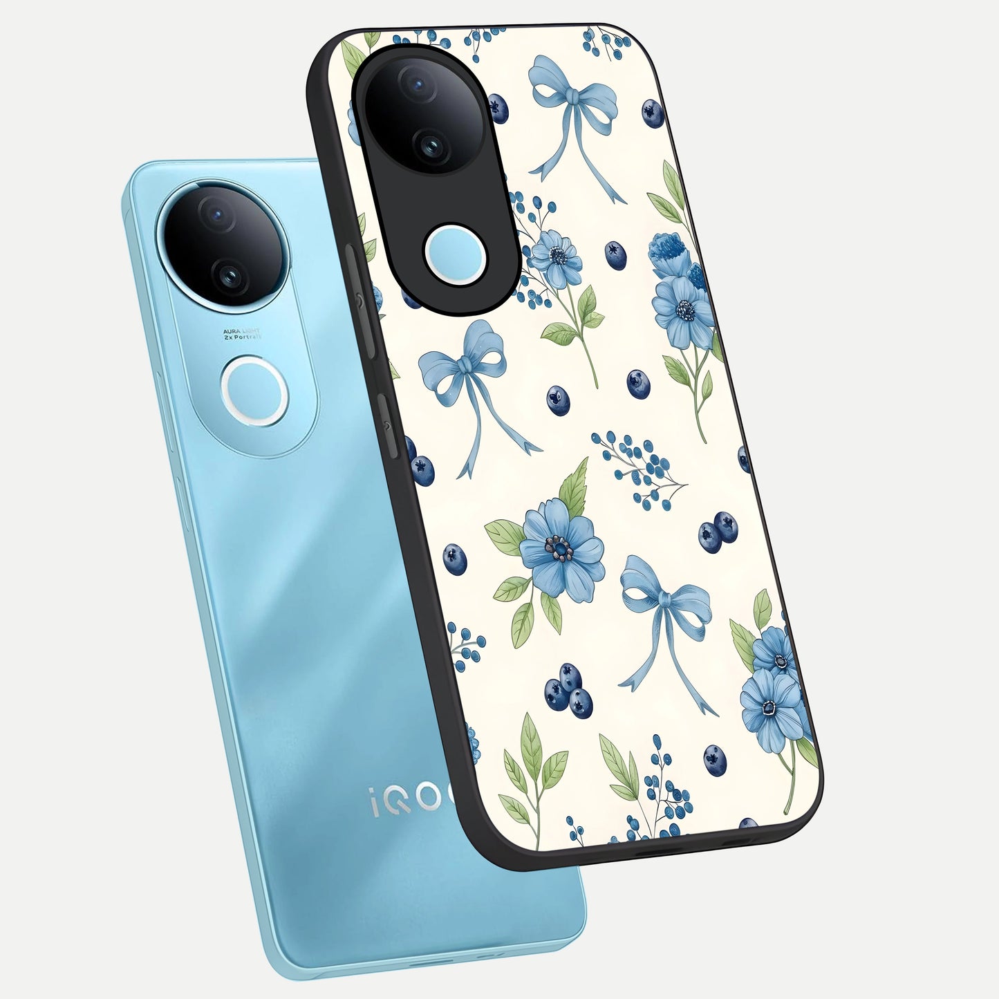  Blue Flower And Bow phone case for  iQOO Z10R showing premium glass back cover with detailed artwork