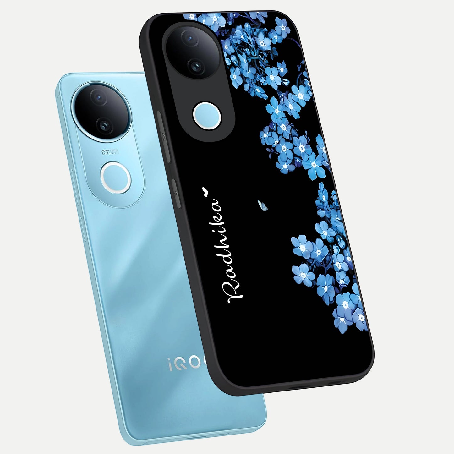  Blue Petal Dream Custom Name phone case for  iQOO Z10R showing premium glass back cover with detailed artwork