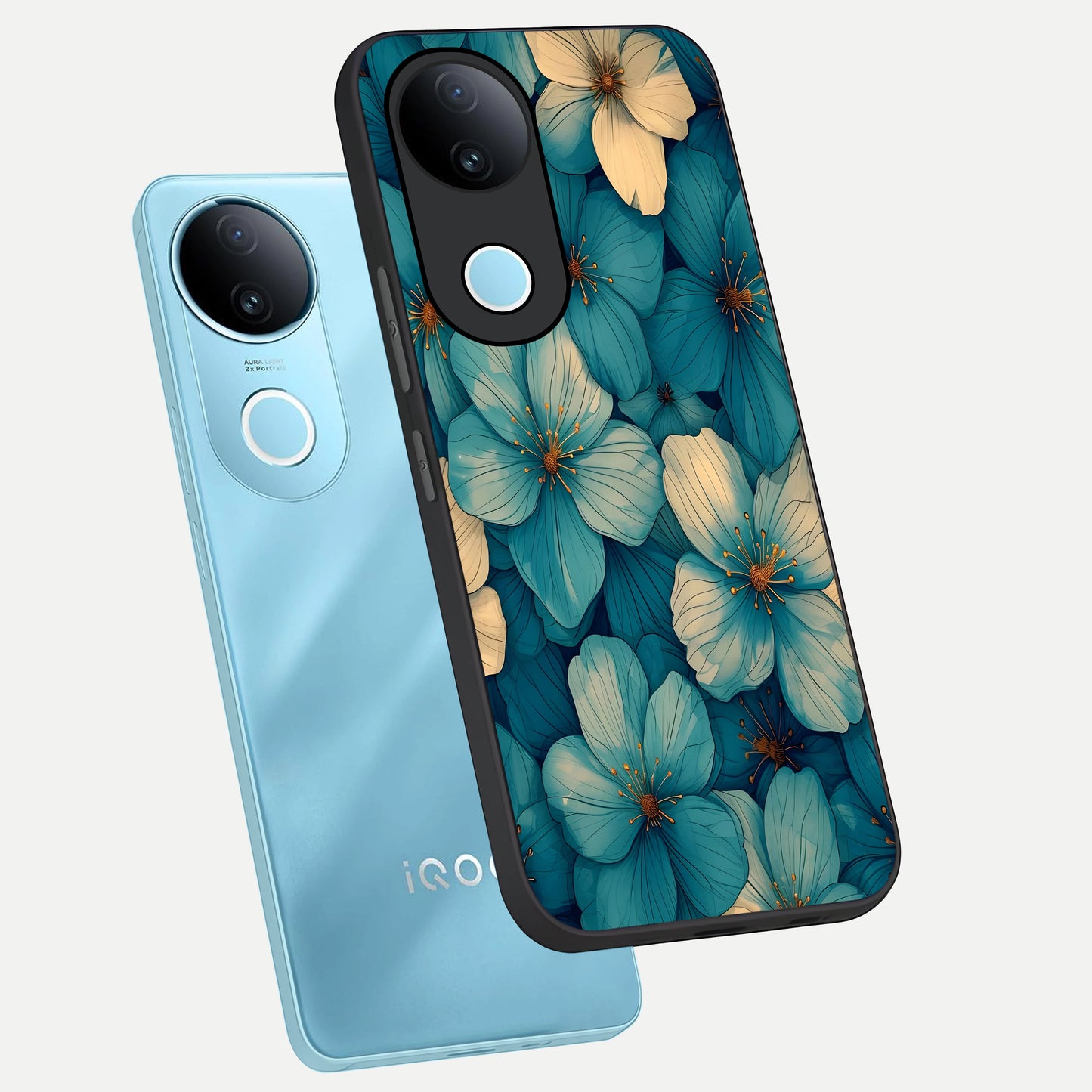  Blue Shade Floral phone case for iQOO Z10R showing premium glass back cover with detailed artwork