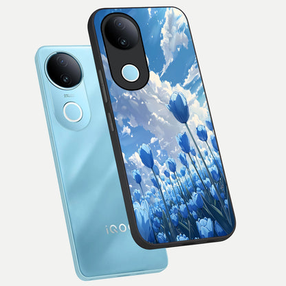  Blue Tulip Clouds phone case for iQOO Z10R showing premium glass back cover with detailed artwork